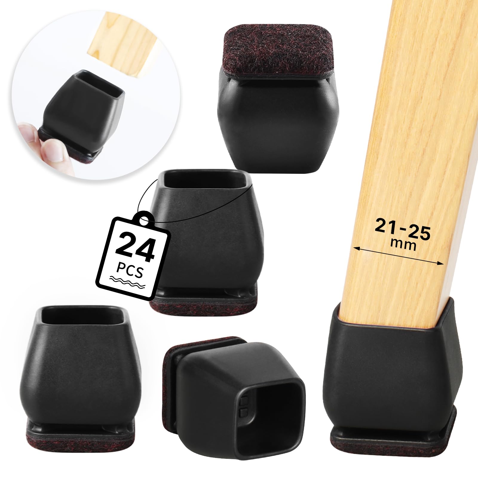RCHYFEED 24 stuks siliconen stoelpootbeschermers met vilt, geschikt voor 15 °-25° meubelpoten, elastische bescherming voor stoelpoten, krasbescherming, stoelpootbeschermers (fit: 20-26 mm
