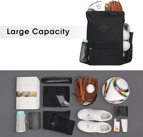 WANDF Mochila con cordón, bolsa de deporte con compartimento para zapatos, mochila de cincha resistente al agua para hombres y mujeres (Negro) - 5