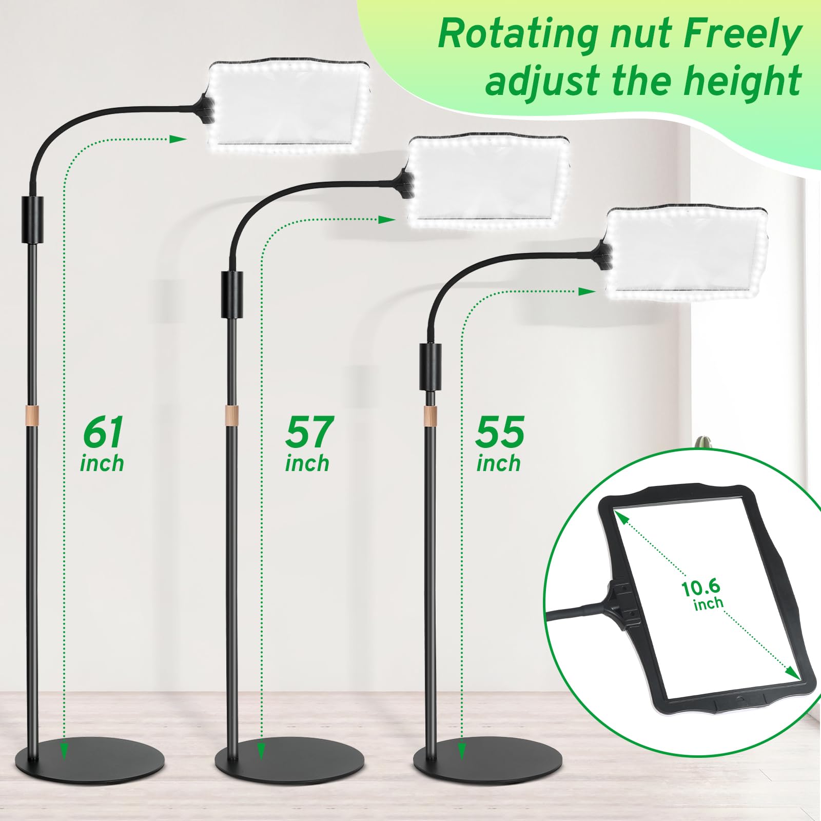 Lupa de suelo manos libres con luz y soporte, lámpara de aumento iluminada de 48 LED con cuello de cisne flexible de 360° para leer trabajos de reparación y manualidades