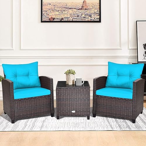 Miniatura 2 de HAPPYGRILL Juego de muebles de patio de 3 piezas, muebles de mimbre para exteriores, muebles de conversación con cojín y mesa