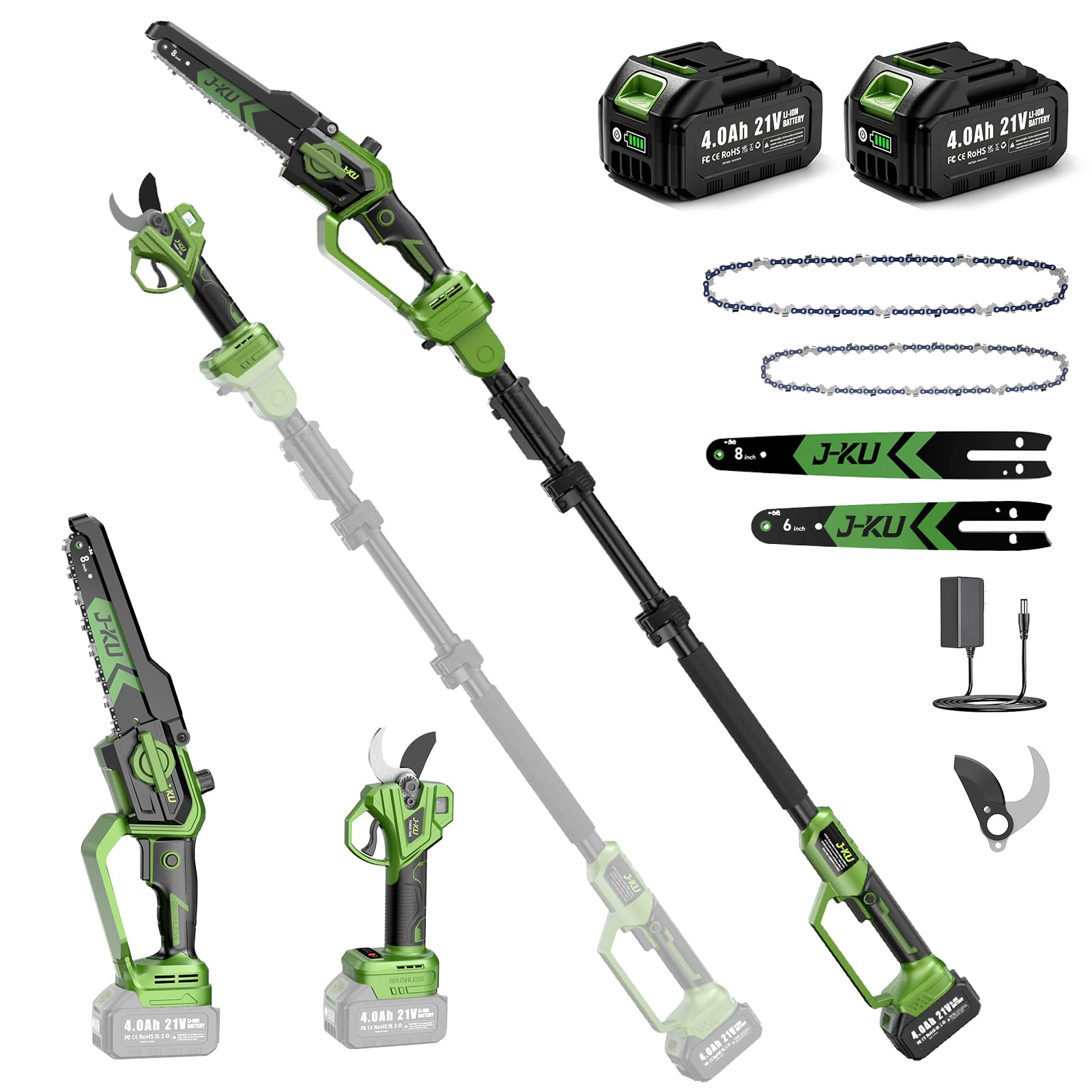 J-KU Podadora de Altura 4 en 1 a Batería, Mini Motosierra 20 cm (8") y Tijeras de Podar Eléctricas 35 mm, Pértiga Telescópica hasta 2,6 m, 2×4000 mAh, Herramientas de Jardín