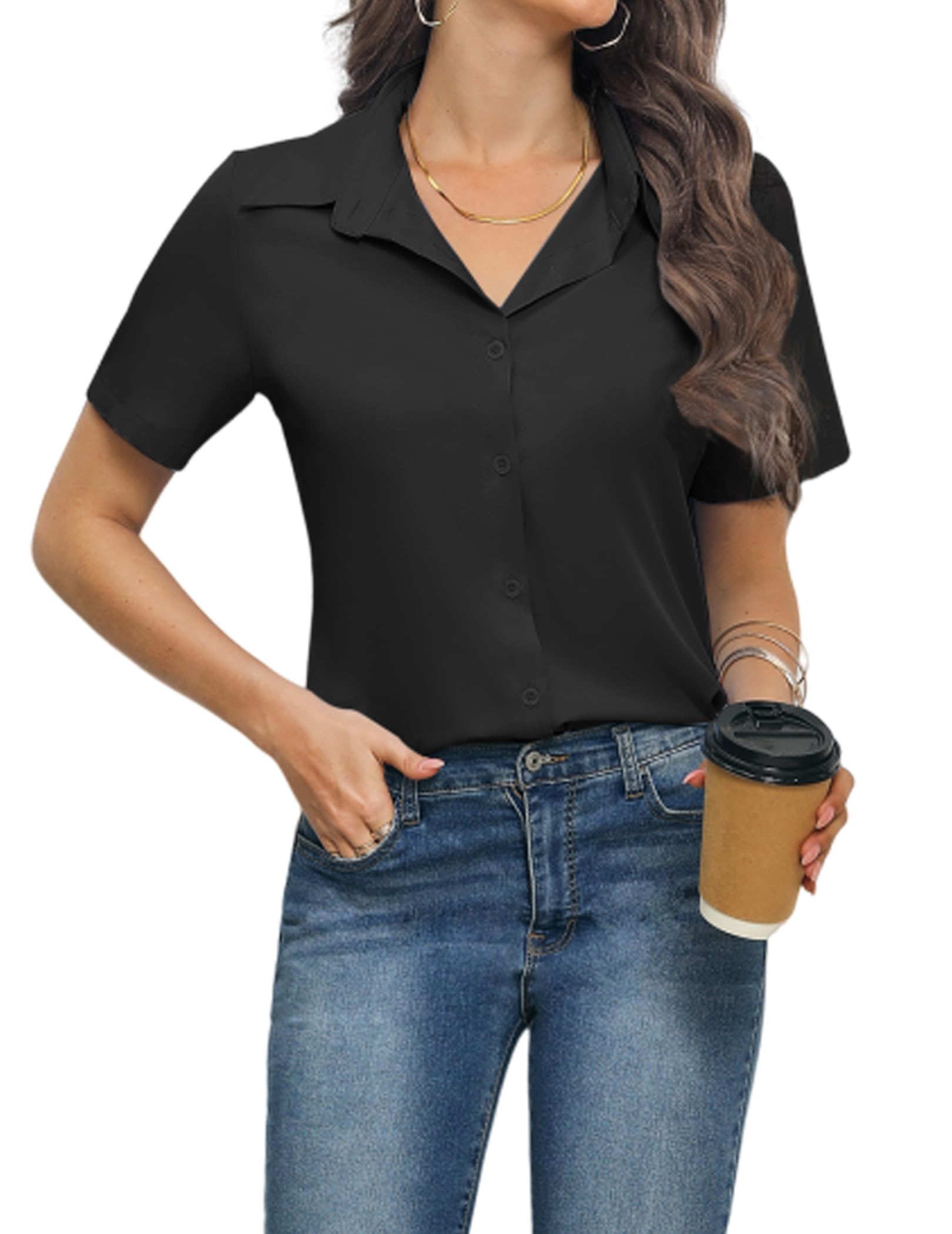 Weardear Blusa para mujer, camisa de negocios, manga corta, cuello en V, blusas elegantes, tops con botones, camisas informales, camiseta de gran tamaño