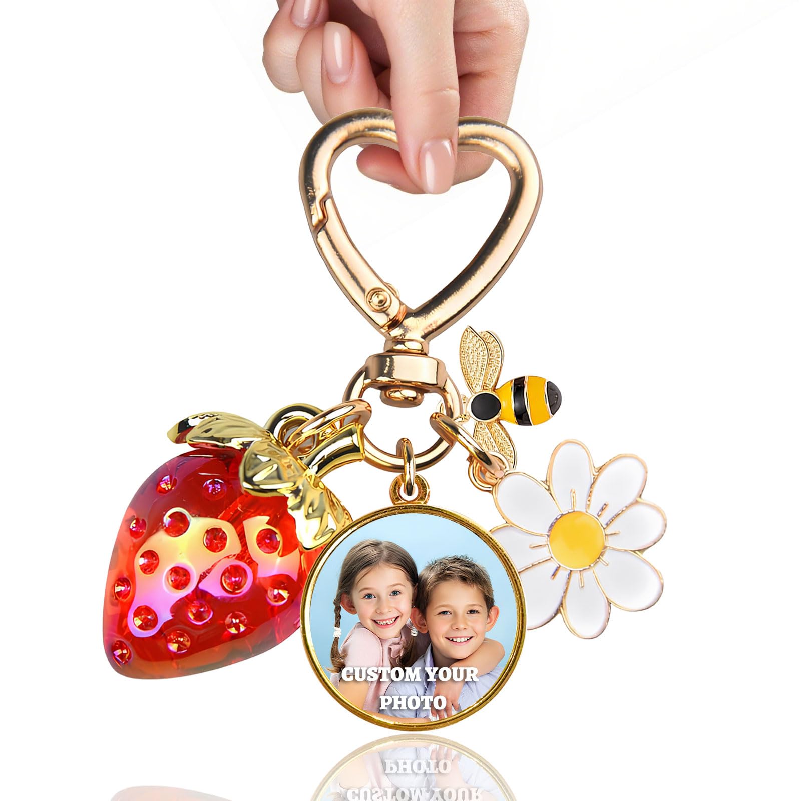 Fkf Unisex Round Custom Photo Strawberry Keychain With Bee And Daisy Pattern, Personalized Bag Charms Gifts For Women And Girls (Round)