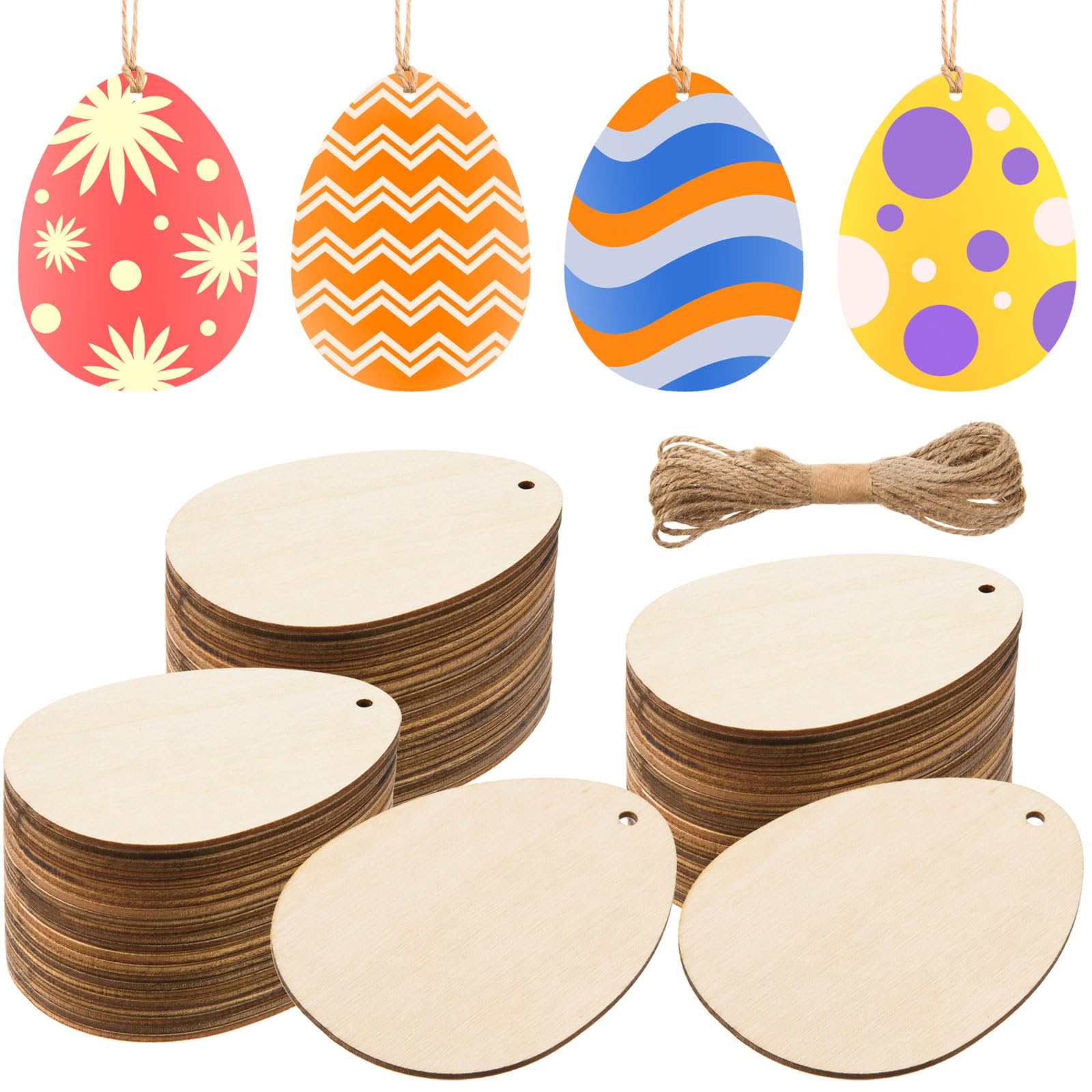 MixTeach 60 Pcs Wooden Easter Egg Cutouts with Hole Unfinished Egg Wood Slices Blank Egg Hanging Ornaments with 32.8ft Rope for Easter Party DIY