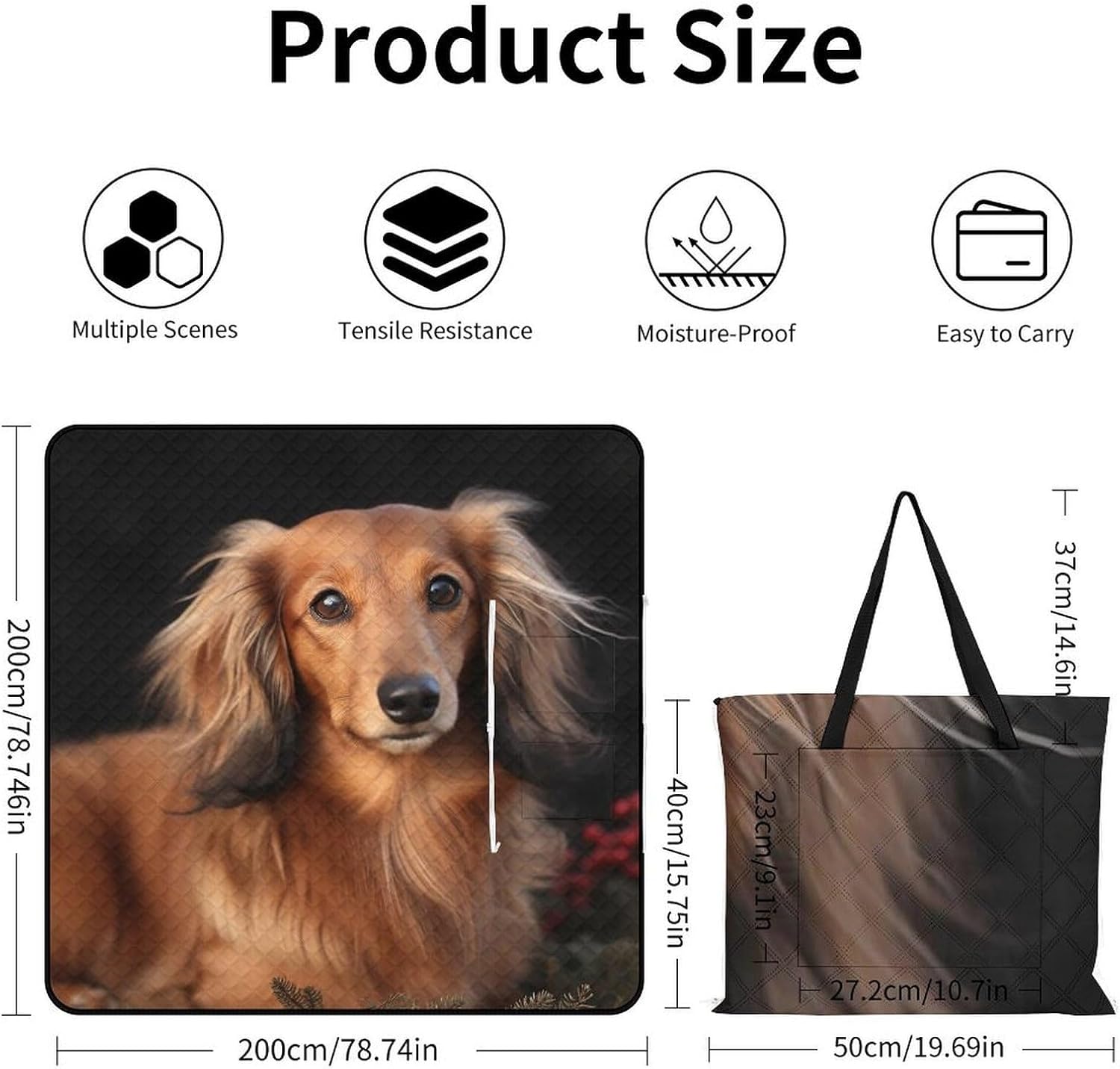 Long Haired Dachshund Picnic Blanket 200x200cm, Foldable 2-in-1 Picnic Mat and Tote Bag Portable Waterproof Beach Mat Sandproof Outdoor Blanket for Park, Hiking, Beach, Camping, Travel