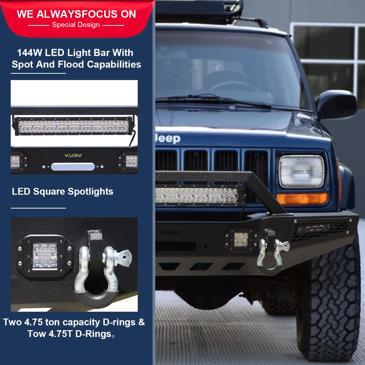 Vijay Front Bumper For 1984-2001 Jeep Cherokee XJ & Comanche MJ – Steel With Winch Plate & LED Lights