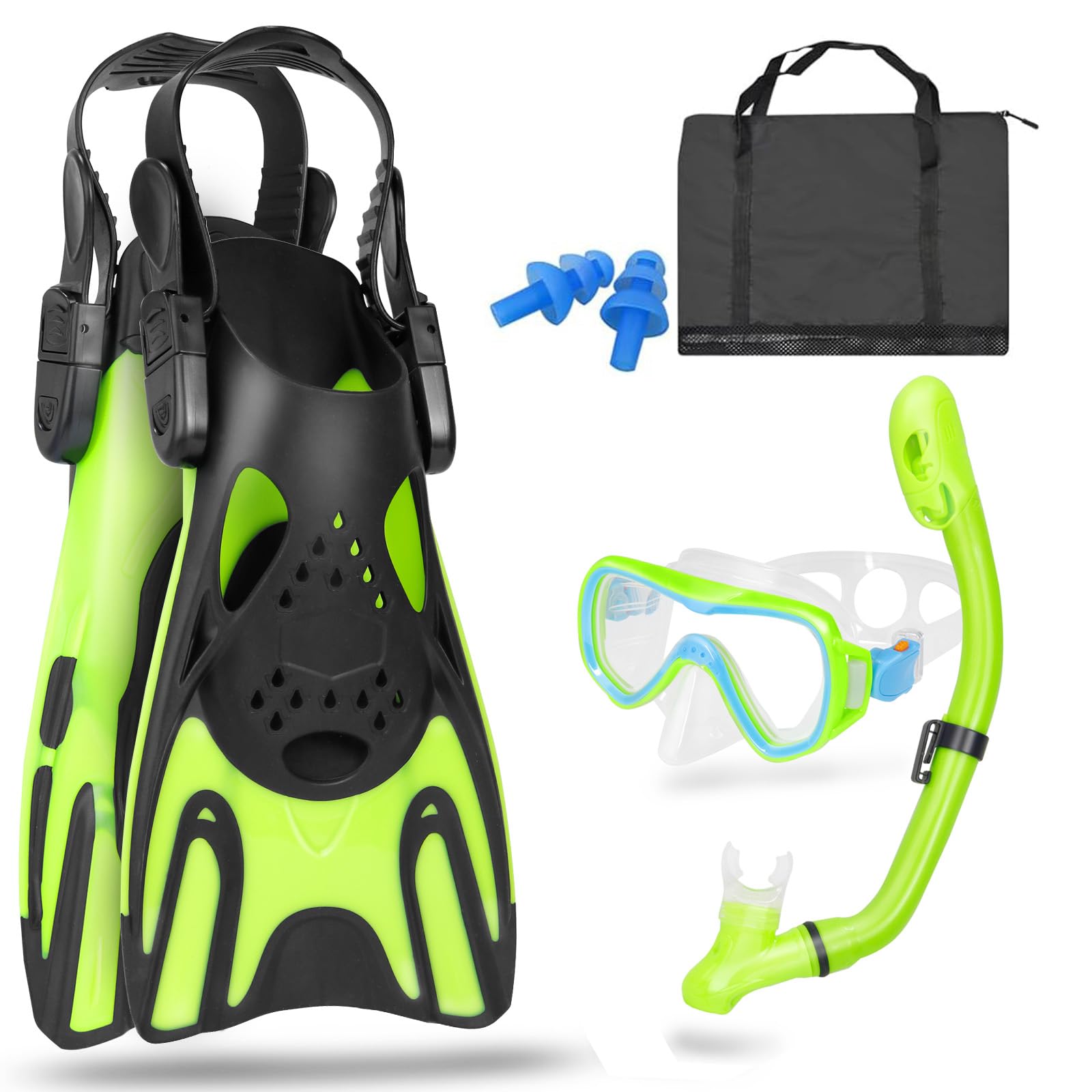 Snorkeling Gear for Kids, Mask Fins Snorkel Set for Kid Panoramic View Diving Mask Anti-Fog Anti-Leak Dry Top Snorkel and Dive Flippers with Travel