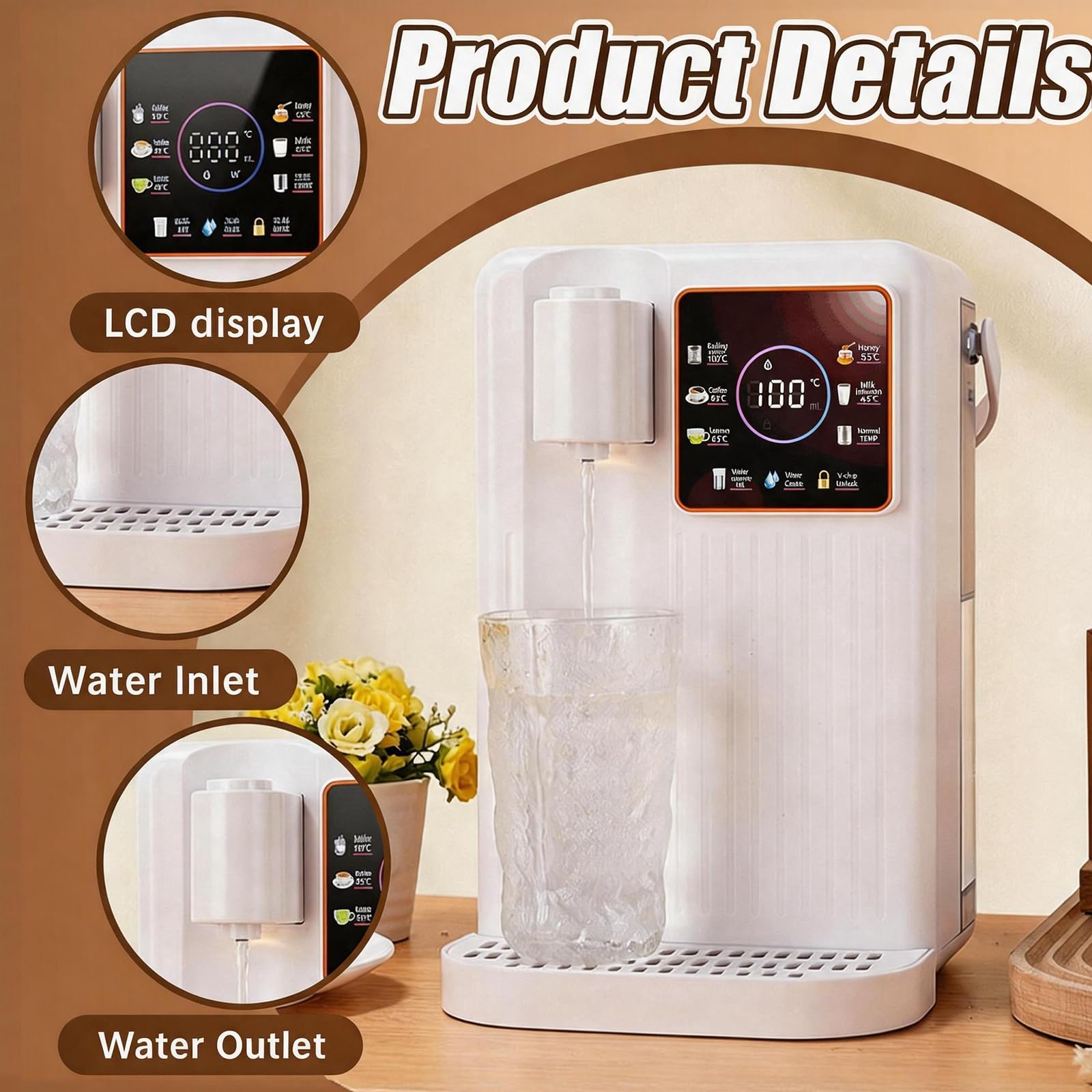 Dispensador de Agua, Estación de Agua 3L Dispensador Instantáneo de Caliente con 2 Filtro Instantáneo de Encimera con 6 Temperaturas Ajustables y 8 Volúmenes de Agua, Tanque Extraíble