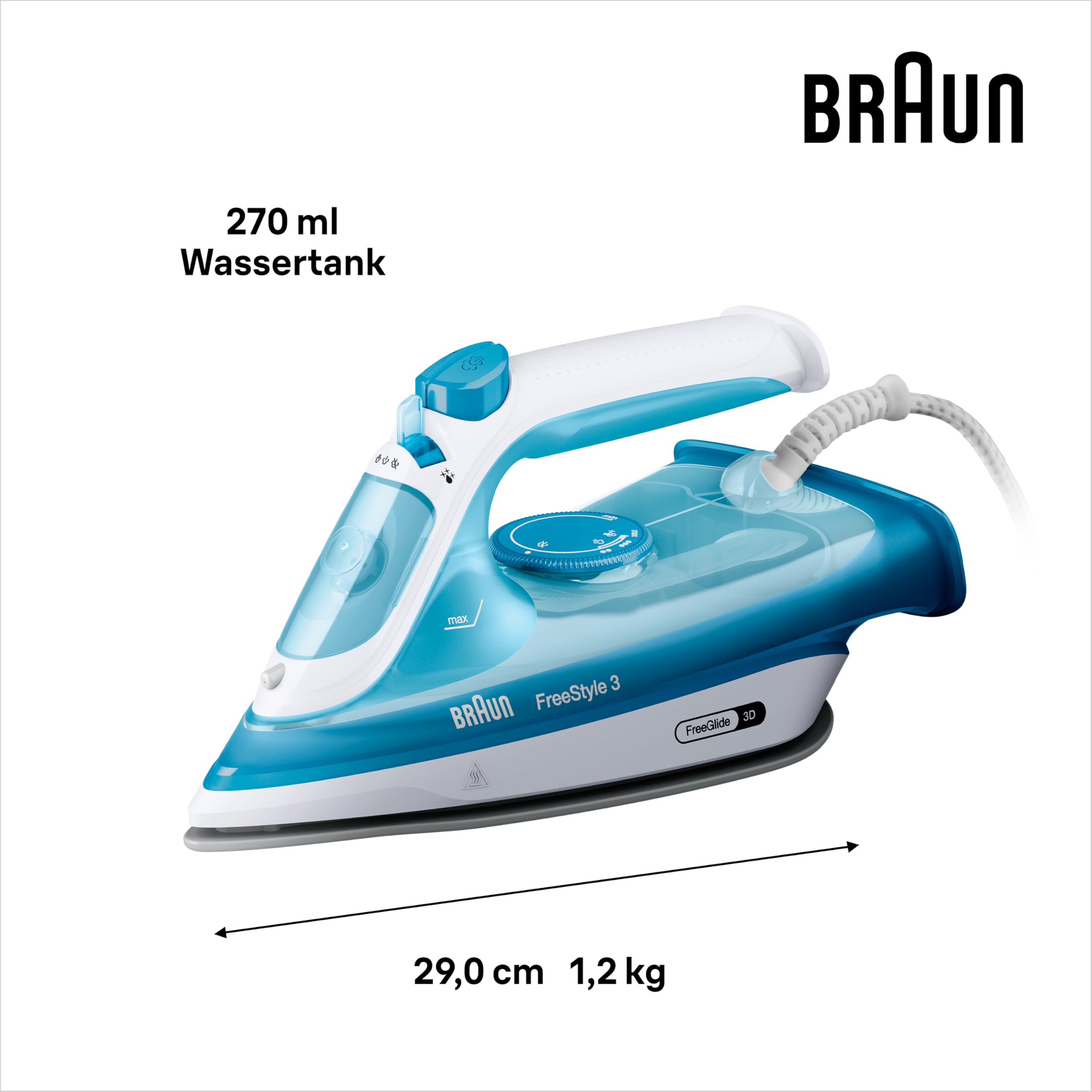 Braun FreeStyle 3 FI3144BL Dampfbügeleisen mit 3D-FreeGlide-Technologie, SuperCeramic-Sohle, Ultimate FastClean, automatische Abschaltung, Tank 270 ml, 2700 W, Blau