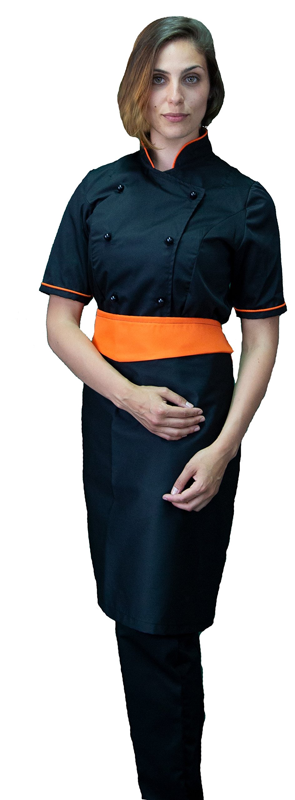 Ricamo Gratuito - Completo Cuoco da Cucina - Nero e Arancione - Divisa Chef Donna Manica Corta - Pantalone, Giacca e Grembiule - Made in Italy