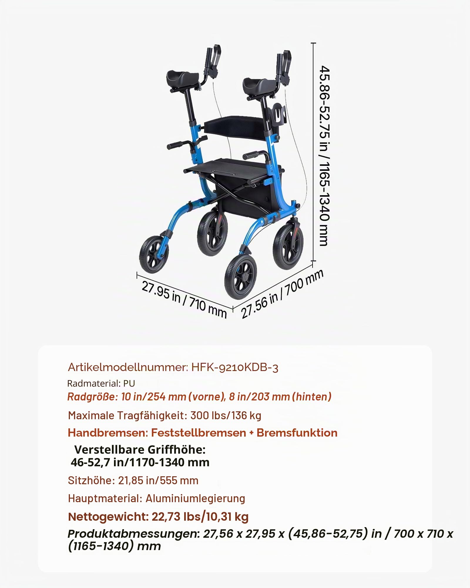 VEVOR Rollator Faltbar mit Sitz, Leichtgewicht Gehwagen mit 4 PU Reifen, Gehhilfe bis 136 kg mit Rückenlehne Tasche Gehstockhalter, Höheverstellbare Laufhilfe mit Feststellfunktion für Senioren, Blau