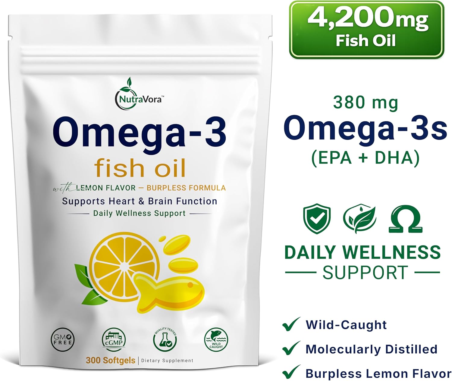 Omega 3 Fish Oil Supplements – 4,200 mg Fish Oil Per Serving – Lemon Flavor Burpless Formula – Wild-Caught, Molecularly Distilled - Non-GMO, Gluten-Free – 300 Softgels