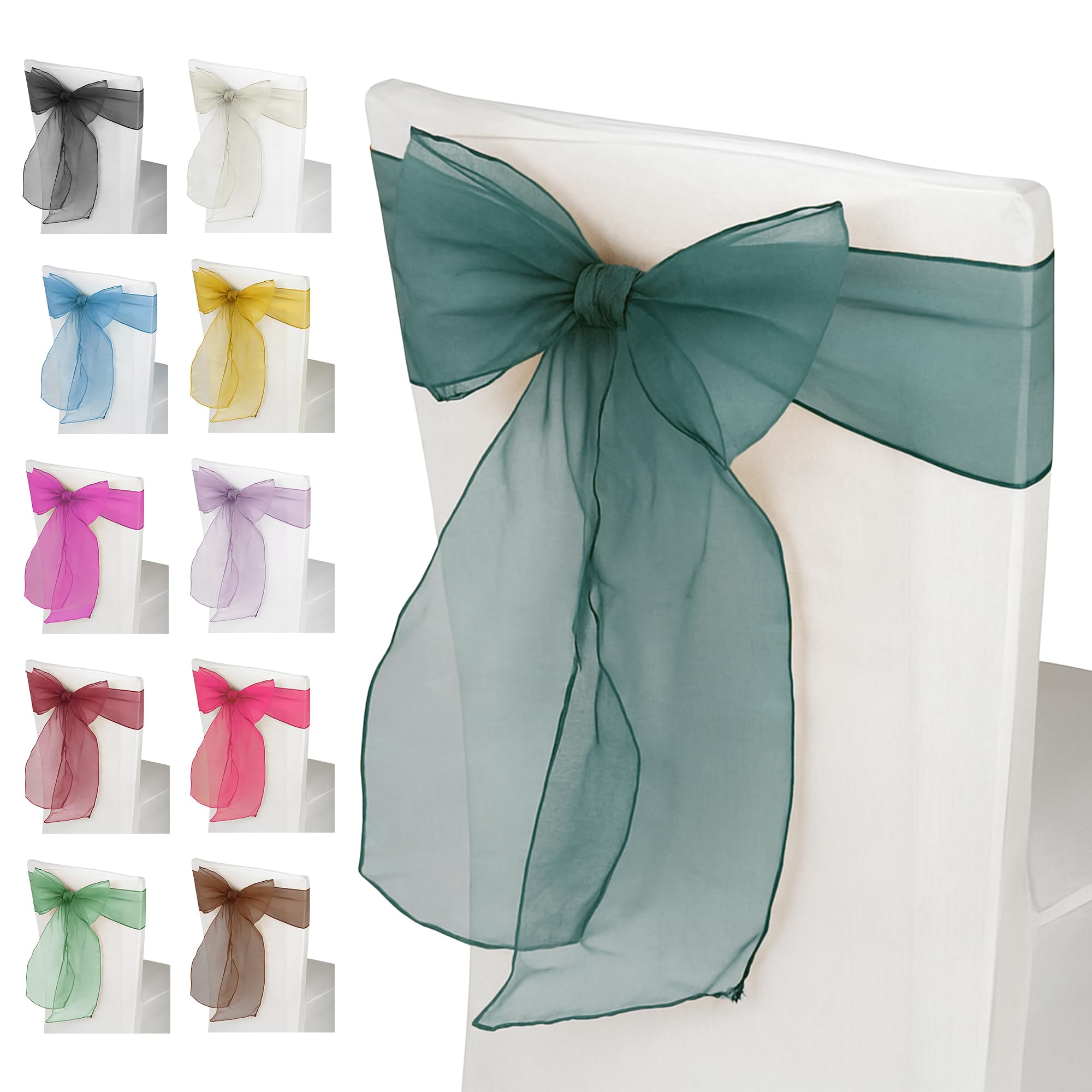 WedDecor 50pcs Organza Sashes, Chair Covers Fuller Bow, Hunter Green โ image 1