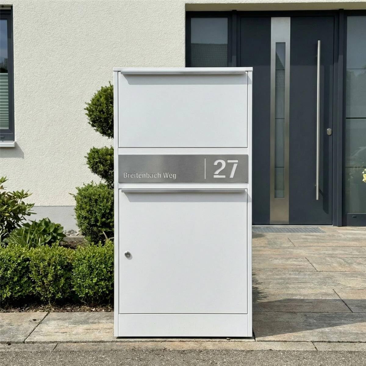Metzler Paketbox für den Außenbereich | personalisiert mit Gravur | rostfrei & wetterfest | sichere Paketannahme rund um die Uhr |Bispo 2 Verkehrsweiß RAL 9016
