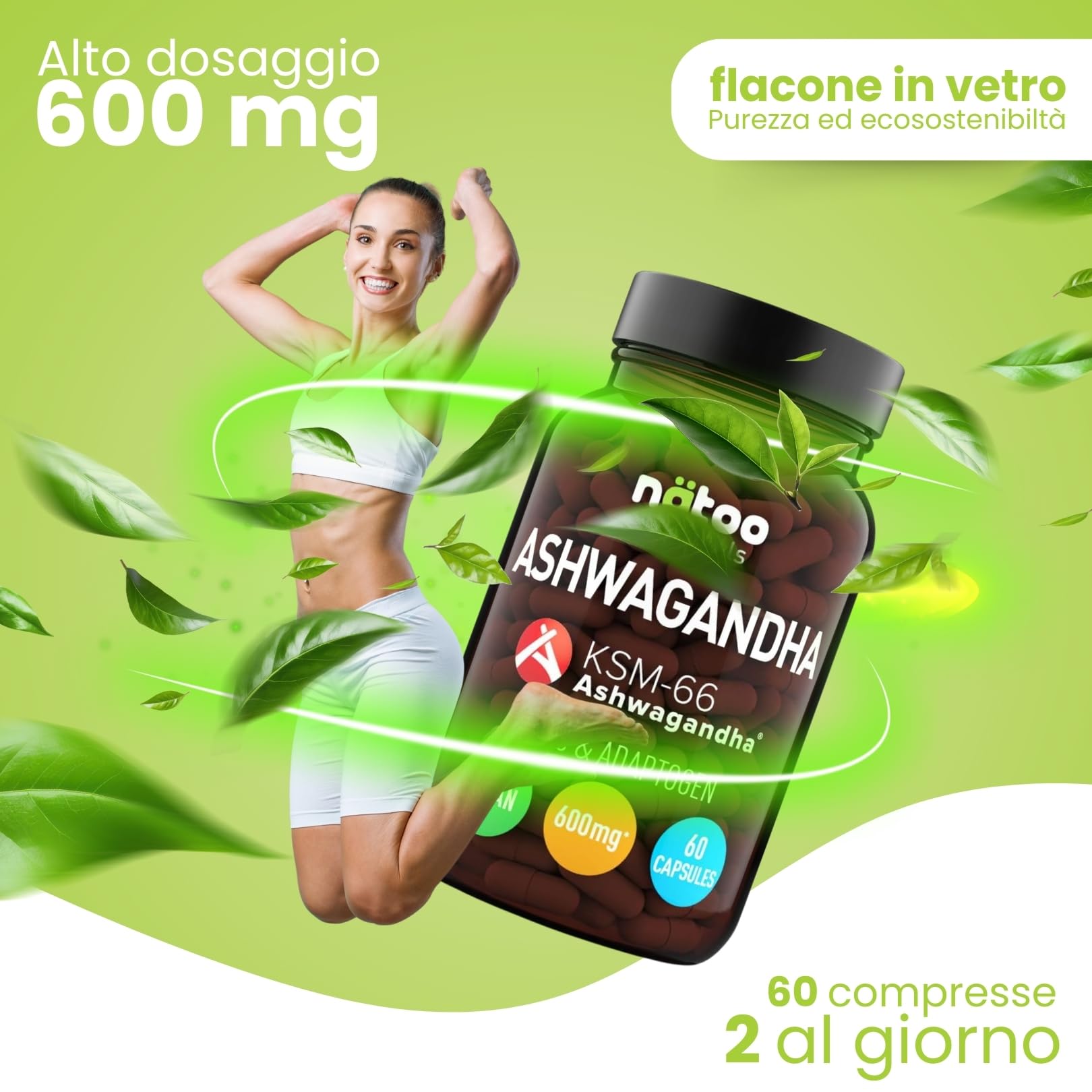 Bio Ashwagandha Ksm-66 Aiuta ad Abbassare il Cortisolo 60 Capsule Vegetali con Withania Somnifera 600 Mg per Dose Integratore Ashwagandha Pura (Ginseng Indiano), Qualità Premium KSM 66, Vegano