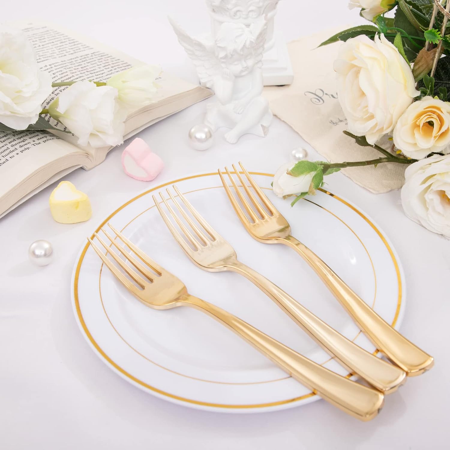 Nervure 204PCS Gold Dessert Plates with Forks - 102PCS 7.5inch Disposable Gold Plastic Plates and 102PCS Plastic Forks Perfect for Salads, Desserts, Parties, Catering, Christmas & Party & Father's Day - Image 3