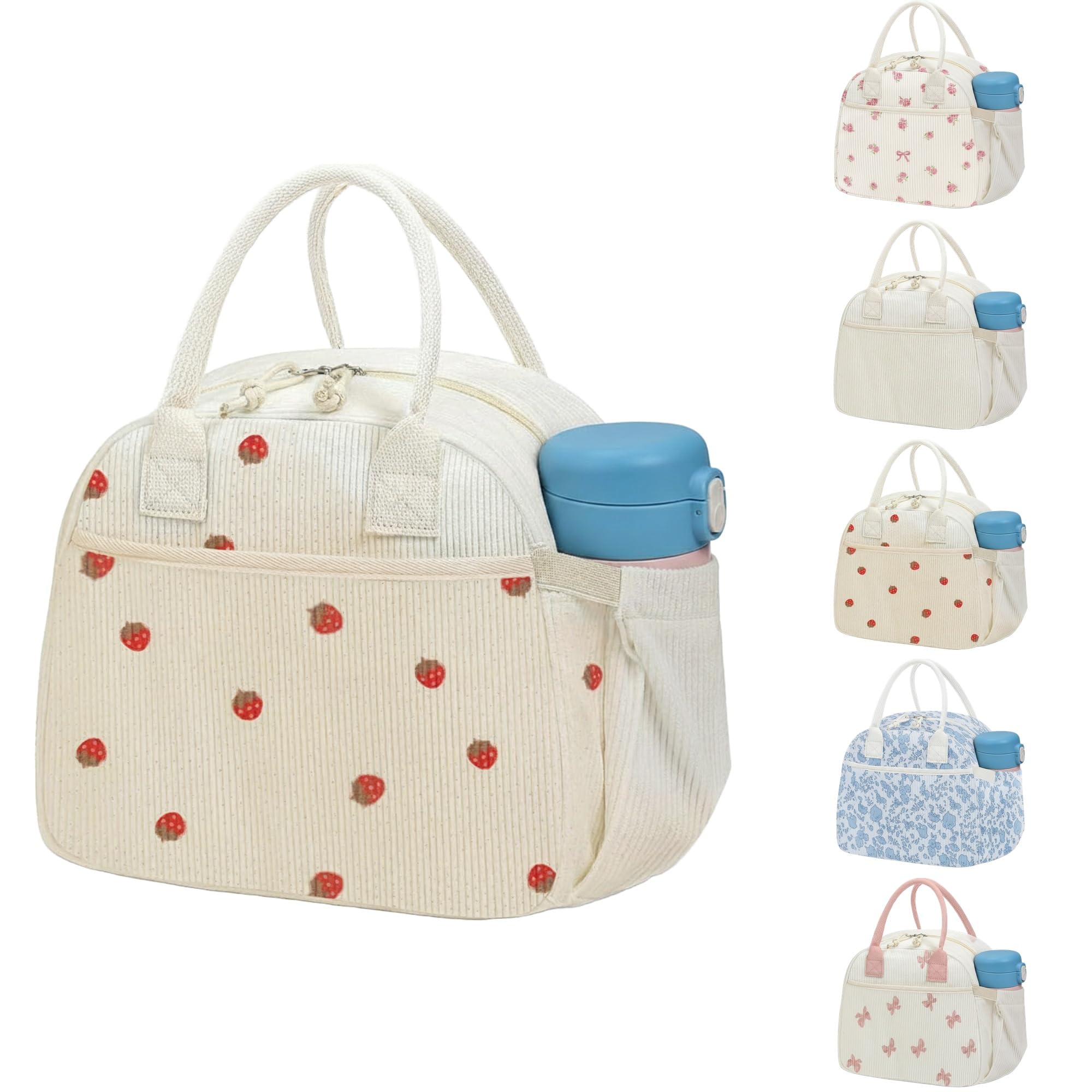 Arae Insulated Corduroy Lunch Bag for Women Reusable Thermal Food Box with Side Pocket Large Capacity Leakproof Tote for Work Picnic - Strawberry Print โ image 1