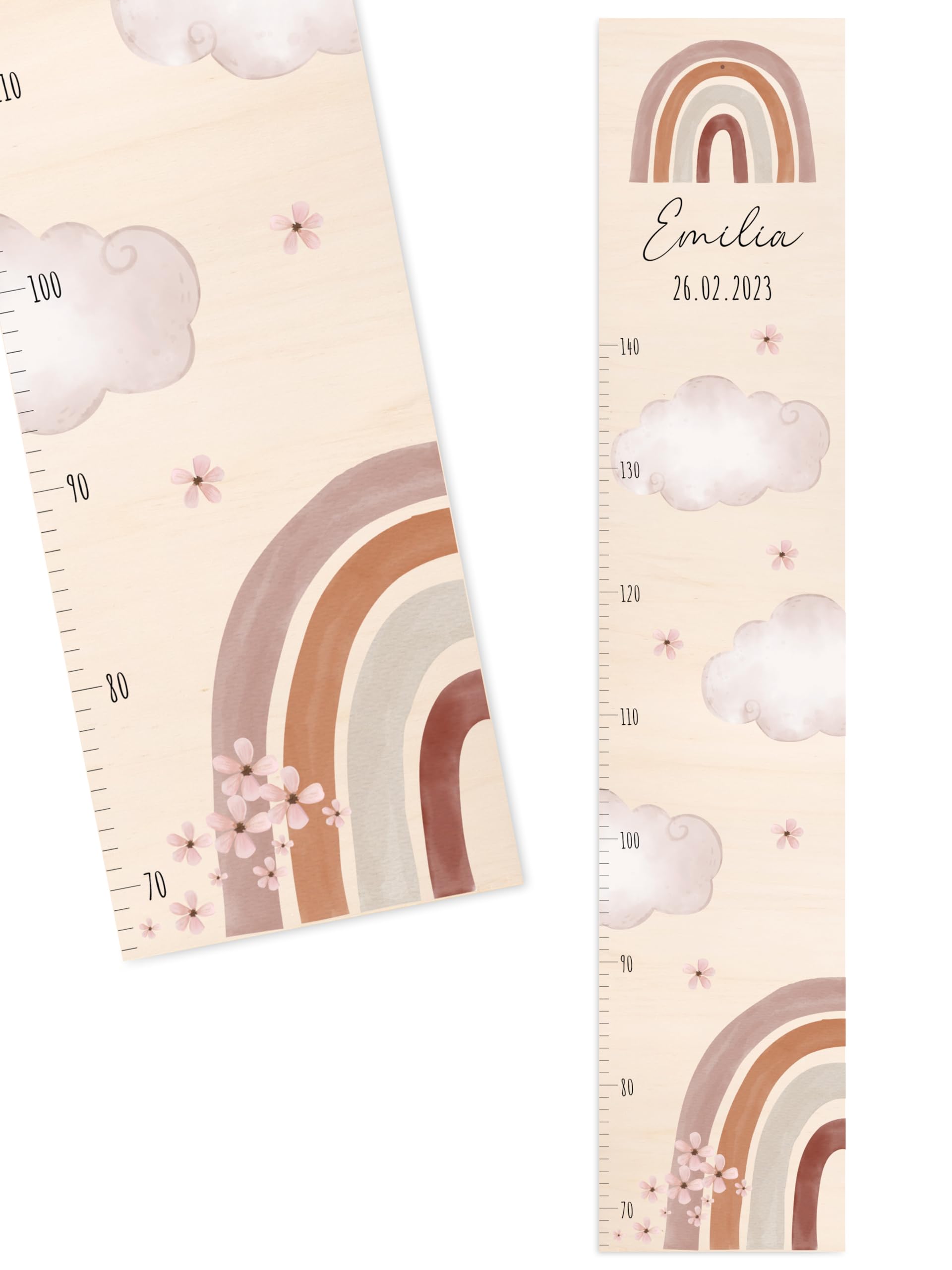 Bärenfreunde® - Personalisierte Messlatte Kind Holz zum Kleben oder Aufhängen - Skala 70-140cm - Süße Dekoration für Baby- & Kleinkinderzimmer (Kinder 70-140cm, Regenbogen rosa)