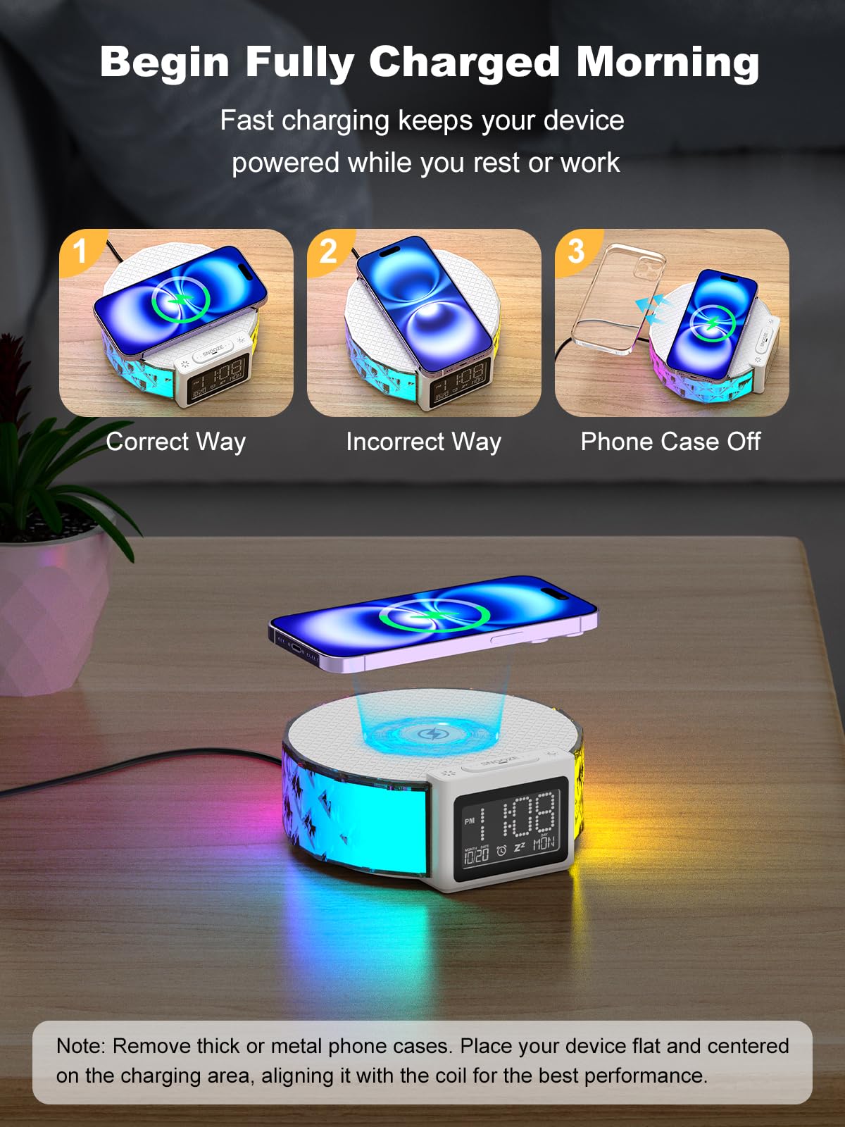 Smiling Shark Lichtwecker, Nachttischlampe Wecker Kabelloser Ladestation mit Touch Steuerung 3 Stufen und RGB-Modus LCD-Display Ladegerät Wecker Licht Nachttischlampen für Schlafzimmer Zuhause-Deko | WKL-02 Nachttischwecker Licht mit 3 Nachtlichtern und R