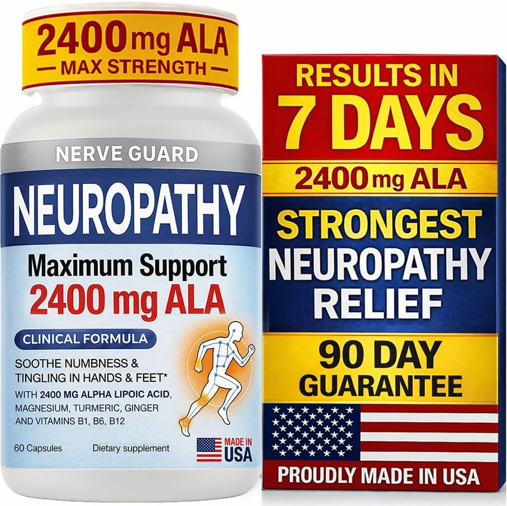 Neuropathy Support Supplement with 2400 mg Alpha Lipoic Acid to Reduce Nerve Discomfort in Feet Hands Toes – Max Strength 2400mg ALA, Vitamins B12 B6 & B1, Magnesium, Turmeric – 60 Capsules