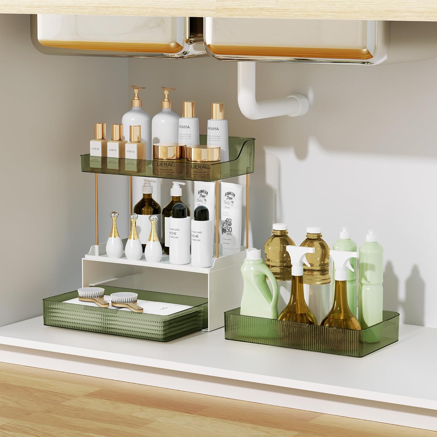 Bathroom Countertop Organizer with 2-Drawer, 3 Tier Makeup Organizer for Vanity, Large Multi-Purpose Makeup Skin Care Organizer for Vanity, Dark Green