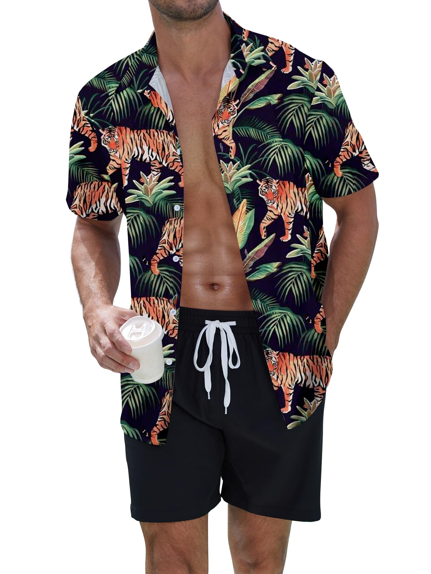 UOUA Men's Beach 2 Piece Outfits Hawaiian Flower Button Down Shirts and Shorts Sets