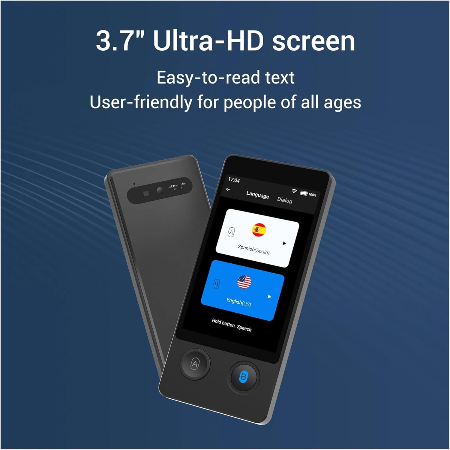 W12 Language Translator Device displaying language selection on its 3.7-inch Ultra-HD screen