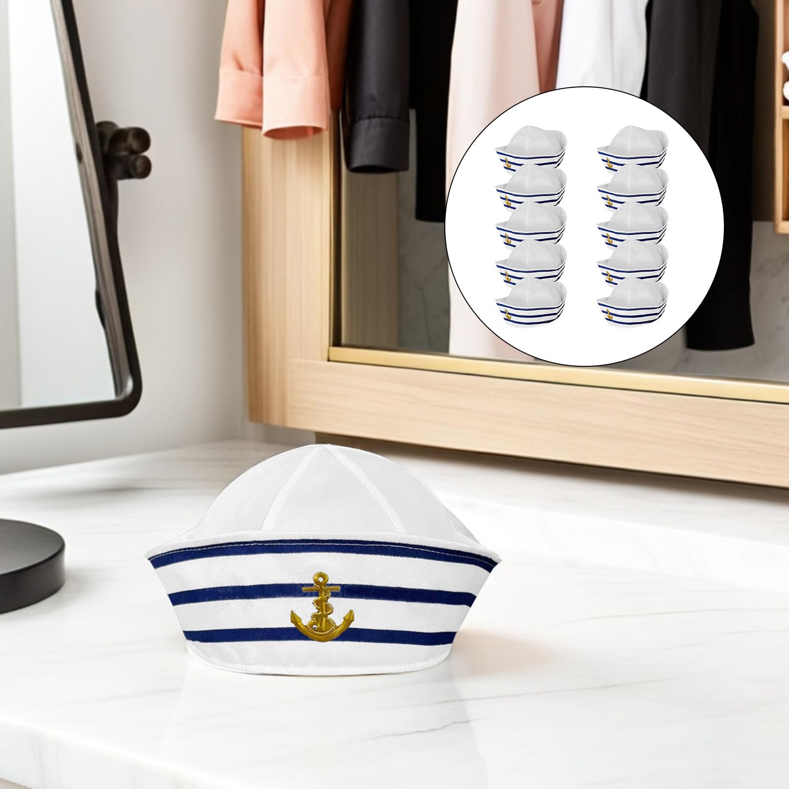 Sombrero Marinero Azul y Blanco para Adultos, 12 Piezas, Diseño de ala Enrollada y Cobertura Total, Material Poliéster Transpirable Adecuado para Disfraces y Fiestas Náuticas