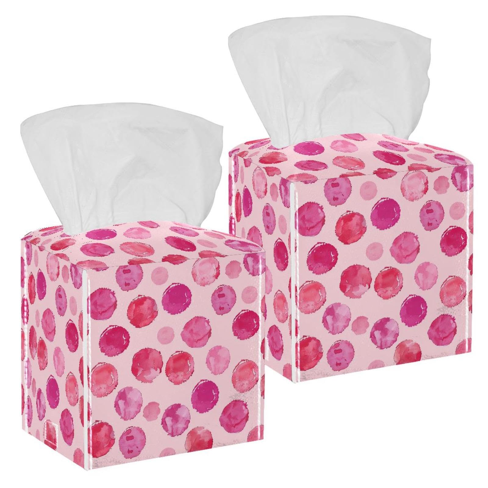 Pink Dots Pattern Tissue Box Cover, 2 Pack PU Leather Square Facial Tissue Dispenser Box holder for Home Office Car