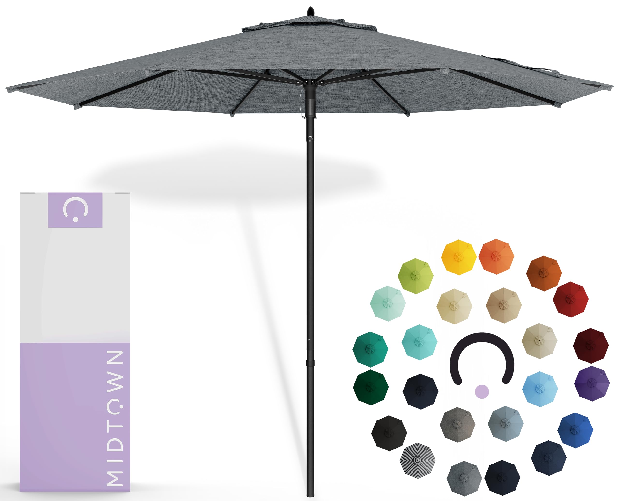 Midtown Umbrellas Push Pop Sunbrella Umbrella 10 Feet Large Outdoor Umbrella With Cast Slate Fabric - Deck Patio Umbrella, Backyard Umbrella, Garden