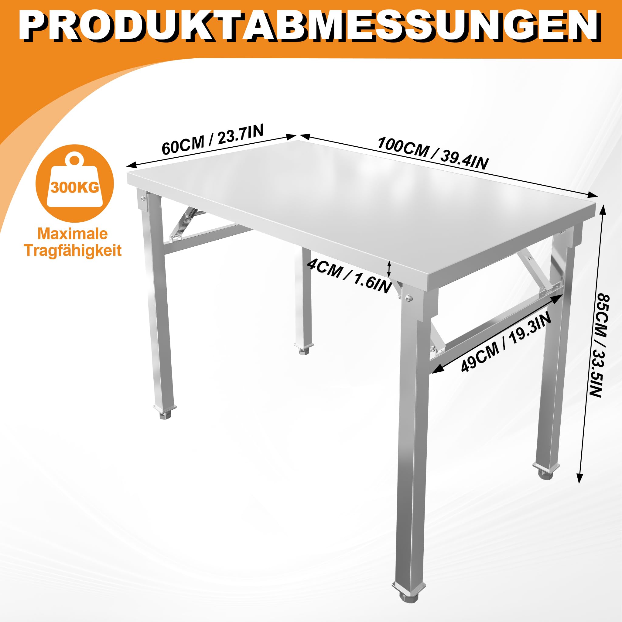 LZQ Mesa plegable de acero inoxidable, 60 x 100 x 85 cm, mesa de trabajo plegable, mesa de acero inoxidable con marco estable, mesa de trabajo para cocina, bar, restaurante