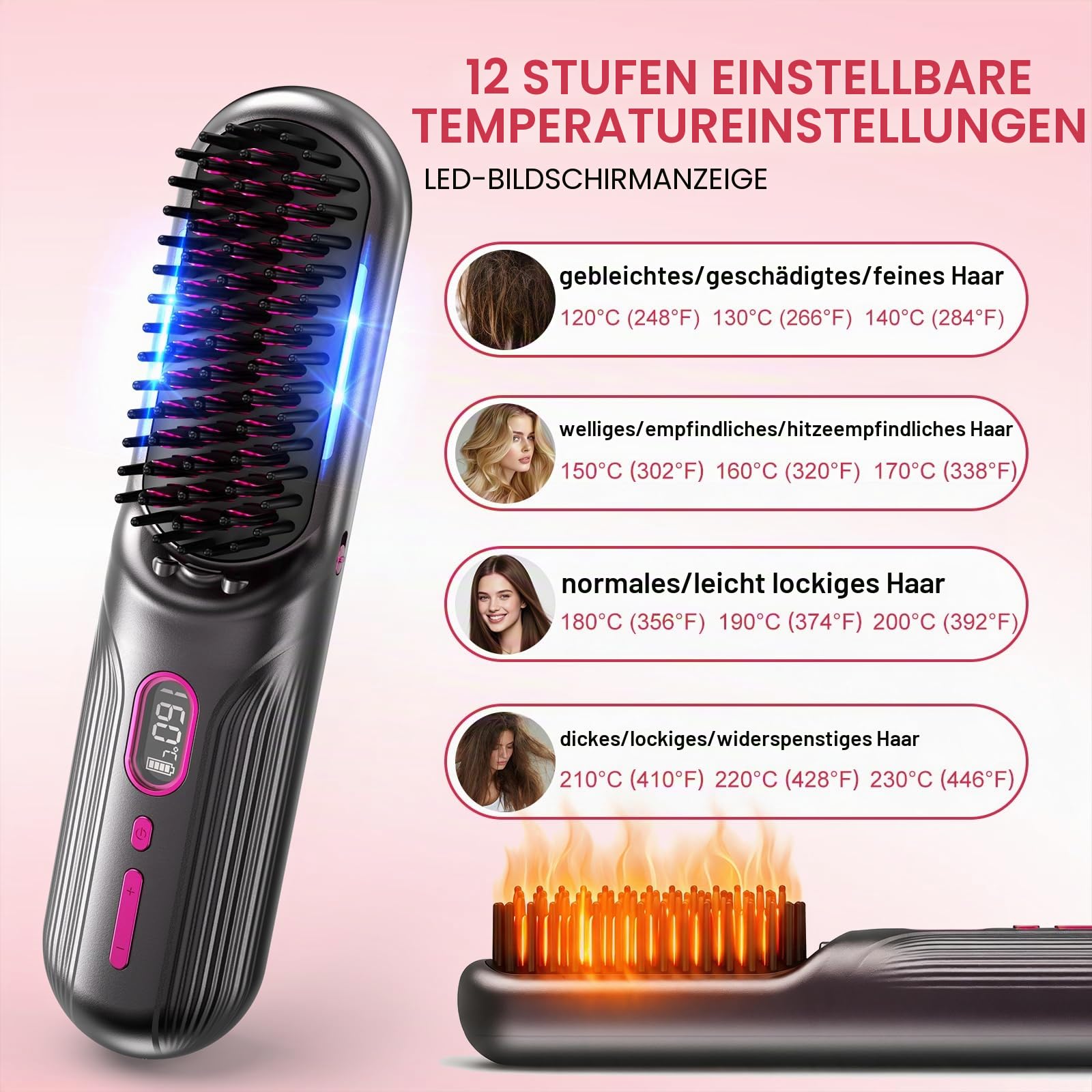 Kabellose Glättungsbürste 9600-mAh-Akku, mit Negativ-Ionen | 12 Temperaturstufen (120–230 °C), Glätteisen USB-Aufladung, Flugmodus, Heizbürste Ideal für Reisen, mit Ladestation