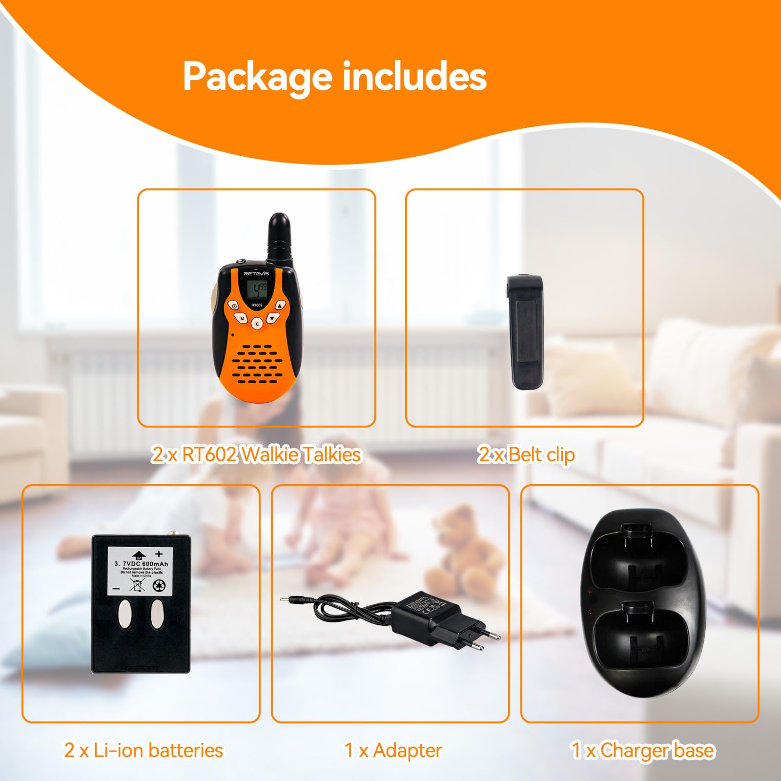 Retevis RT602 Walkie Talkie Ricaricabile Bambini, Batterie Li ion e Caricabatterie, Torcia a 8 Canali, Regali Natale Bambini a Lungo Raggio per Attività al Chiuso o all'Aperto (1 Paio, Arancione)