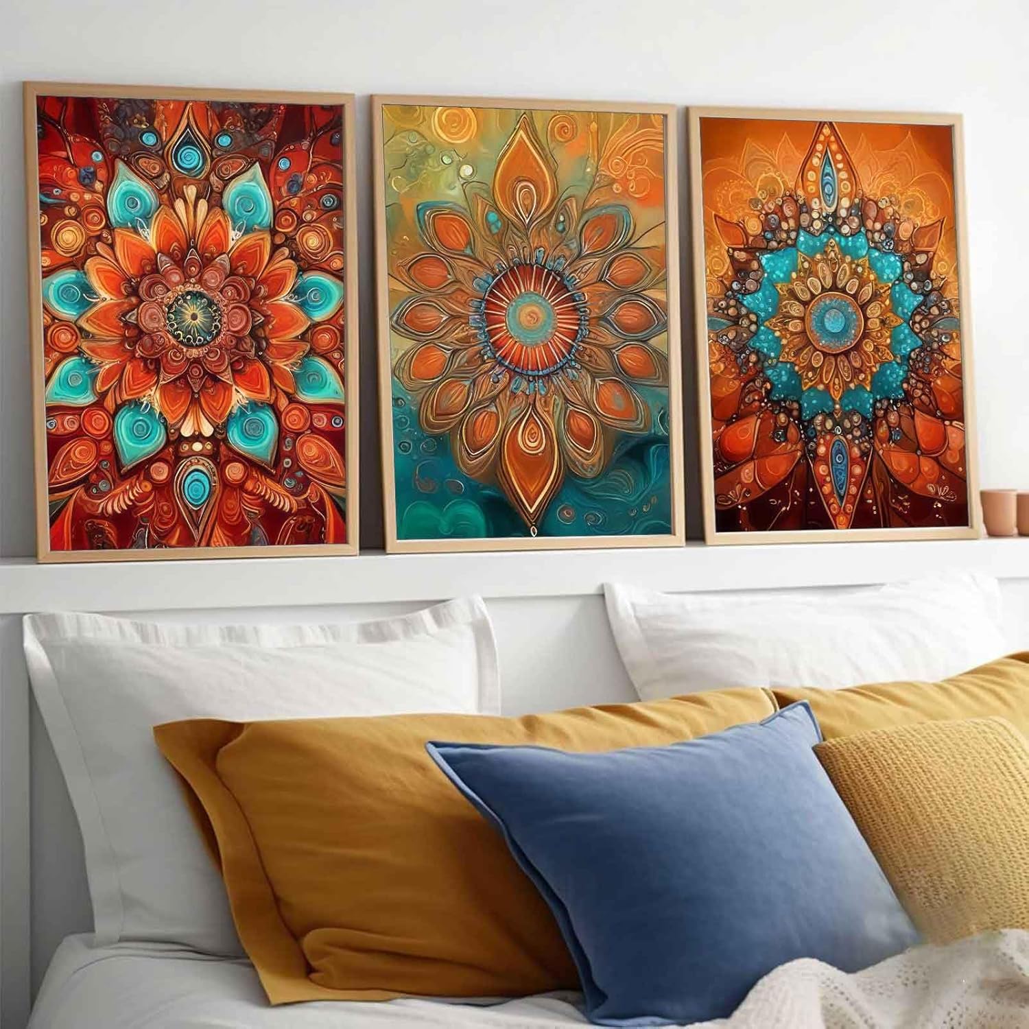 3Pcs Boho Mandala Floral Canvas Wall Art Modern Plants Colorful Flowers Painting Decor Pictures Vintage Floral Red Bloom Posters Prints for Office Living Room Bathroom Bedroom Decoration No Frames