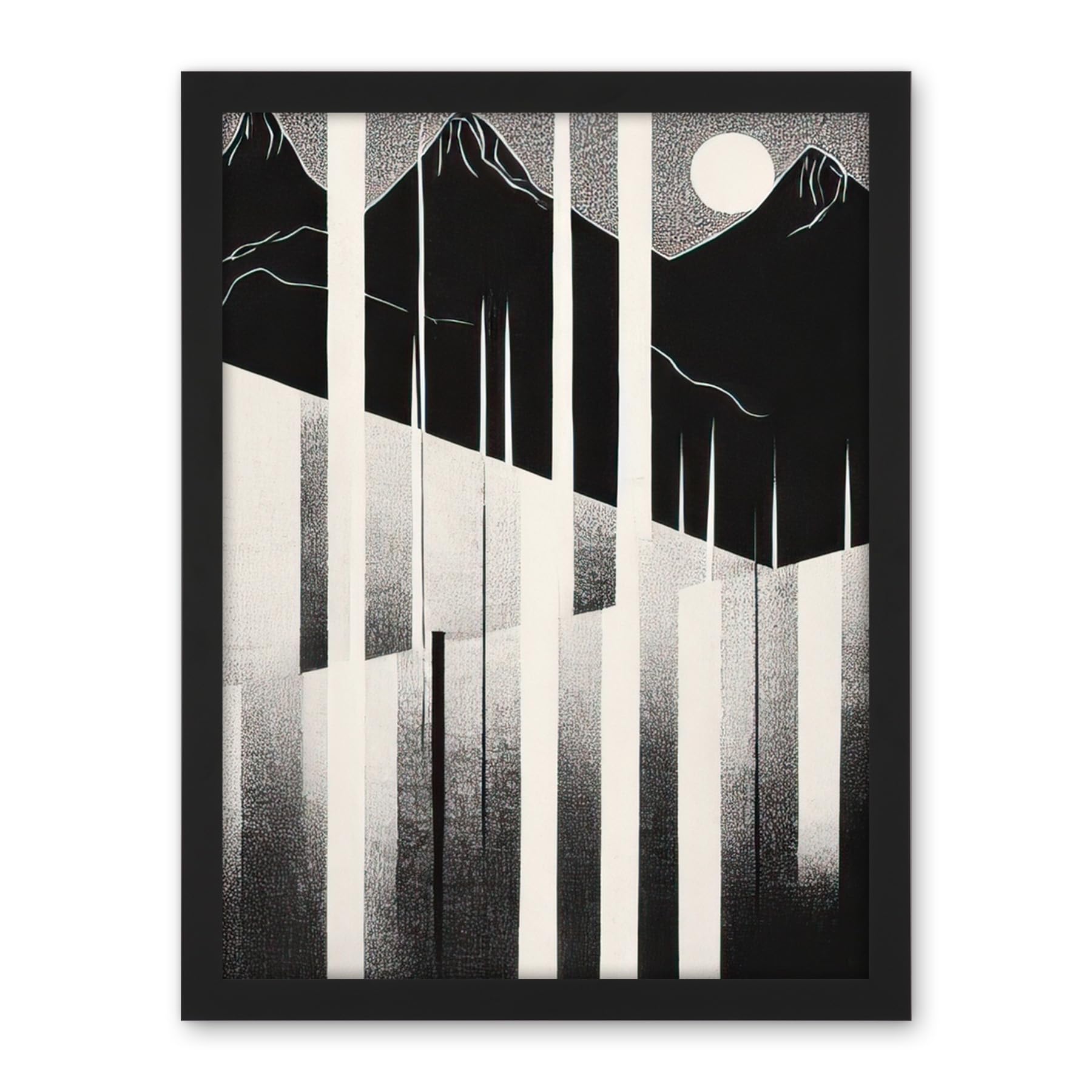Artery8 Abstract Mountain Landscape Lake Sunrise Linocut Artwork Framed Wall Art Print 18X24 Inch