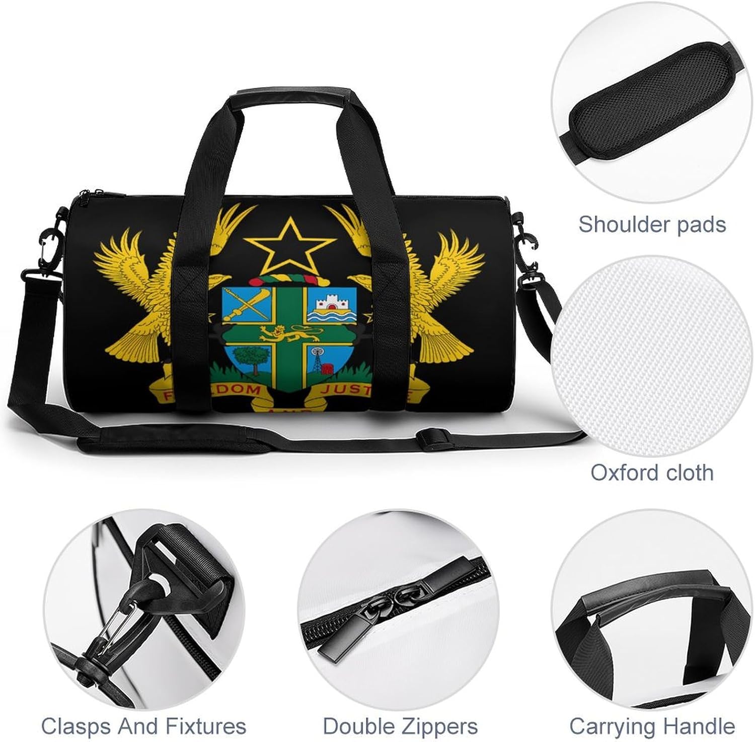 Coat of Arms of Ghana Gym Sport Bag Travel Duffle Backpack Weekender Overnight with Shoes Compartment for Women Men