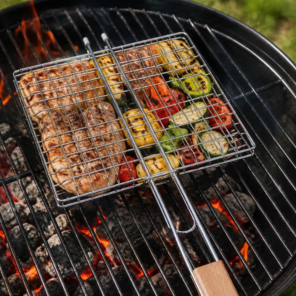 Double Grille Barbecue Carrée en Acier Chromé, 25x25 cm, Lot de 2, Manche Ergonomique, pour Viandes, Poissons et Légumes