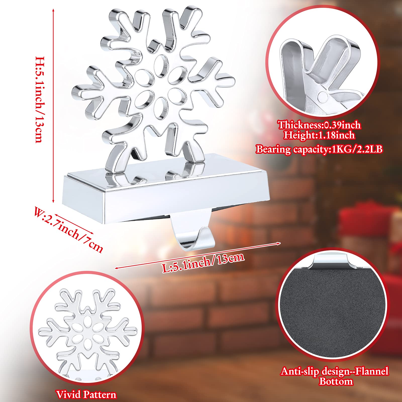 5 Pieces Christmas Stocking Holders Snowflake Stocking Hangers 3D Silver Metal Snowflake Mantel Stockings Holders for Christmas Holiday Fireplace Decoration