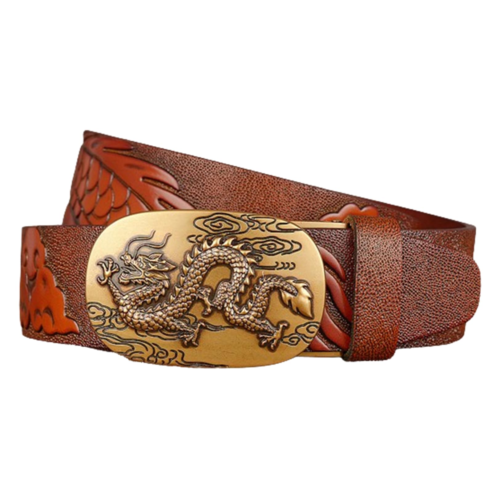 Cinturón De Trinquete para Hombre Hebilla Automática Deslizante Dragon Cinturones De Dragón Tallado En Relieve Longitud 110-130cm Correas De Cuero De Vaca(120cm/47, Brown)