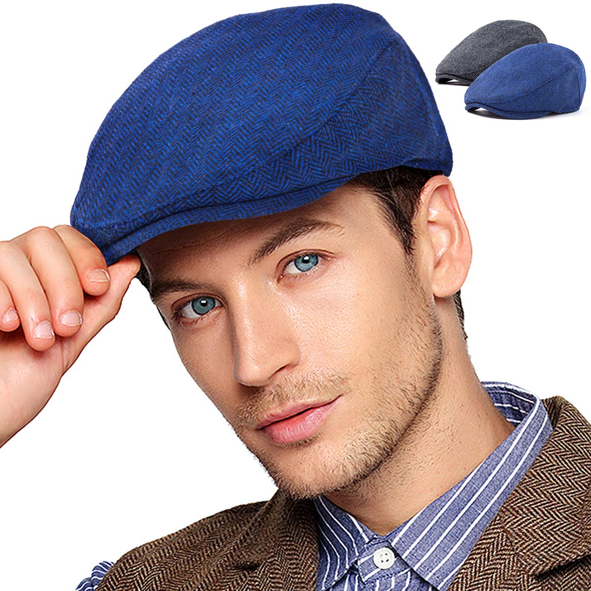 2-Pack Adjustable Newsboy Hats for Men Flat Cap Irish Wool Blend Tweed