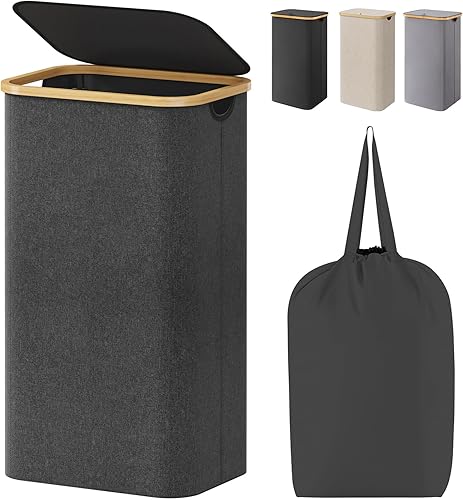Miniatura 165 de Lifewit Cesta grande de 100 litros con tapa para ropa con asas de bambú y bolsa extraíble, plegable para dormitorio, baño, residencia universitaria