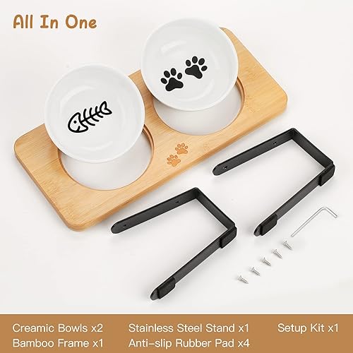 Miniatura 8 de Cuencos elevados de cerámica para gatos, cuencos elevados inclinados en 10 para comida y agua, platos para gatos de interior con soporte de bambú,