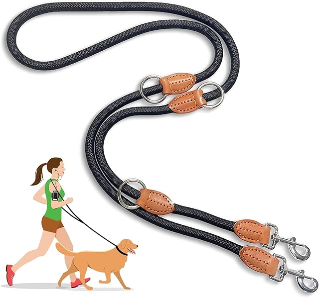 Multi-Function Hands Free Dog Lead (7ft) - Strong Dog Training Leads, 1.4cm Thick Nylon Double Dog Leads, [3 Adjustable Lengths] Walking Running Long Rope Leash for Small Medium Large Dogs Black, 1/2"