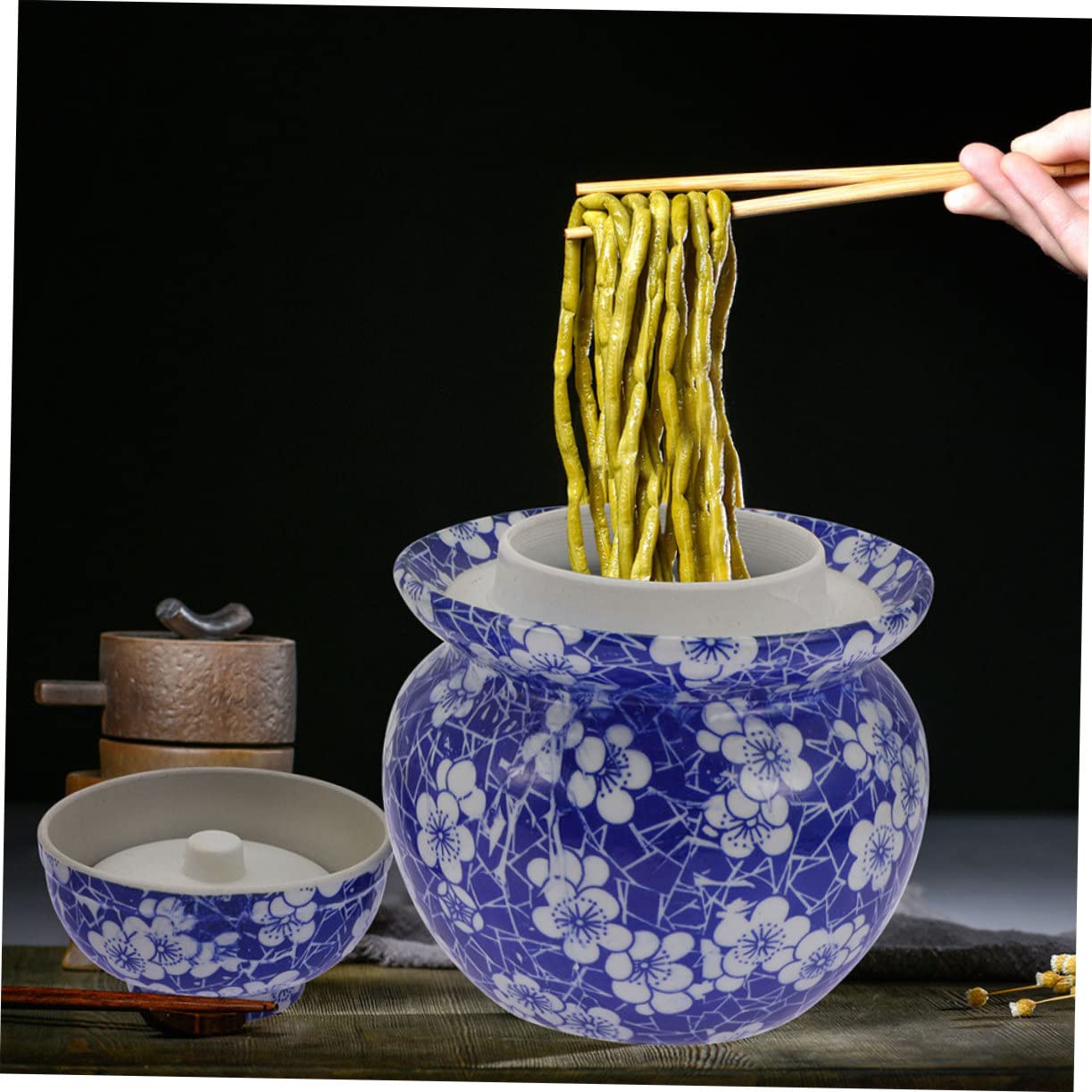 TEHAUX Vaso in Ceramica per Sottaceti Doppio Coperchio Ermetico, Contenitore Compatto e Facile da Aprire per Conservazione Alimentare in Cucina