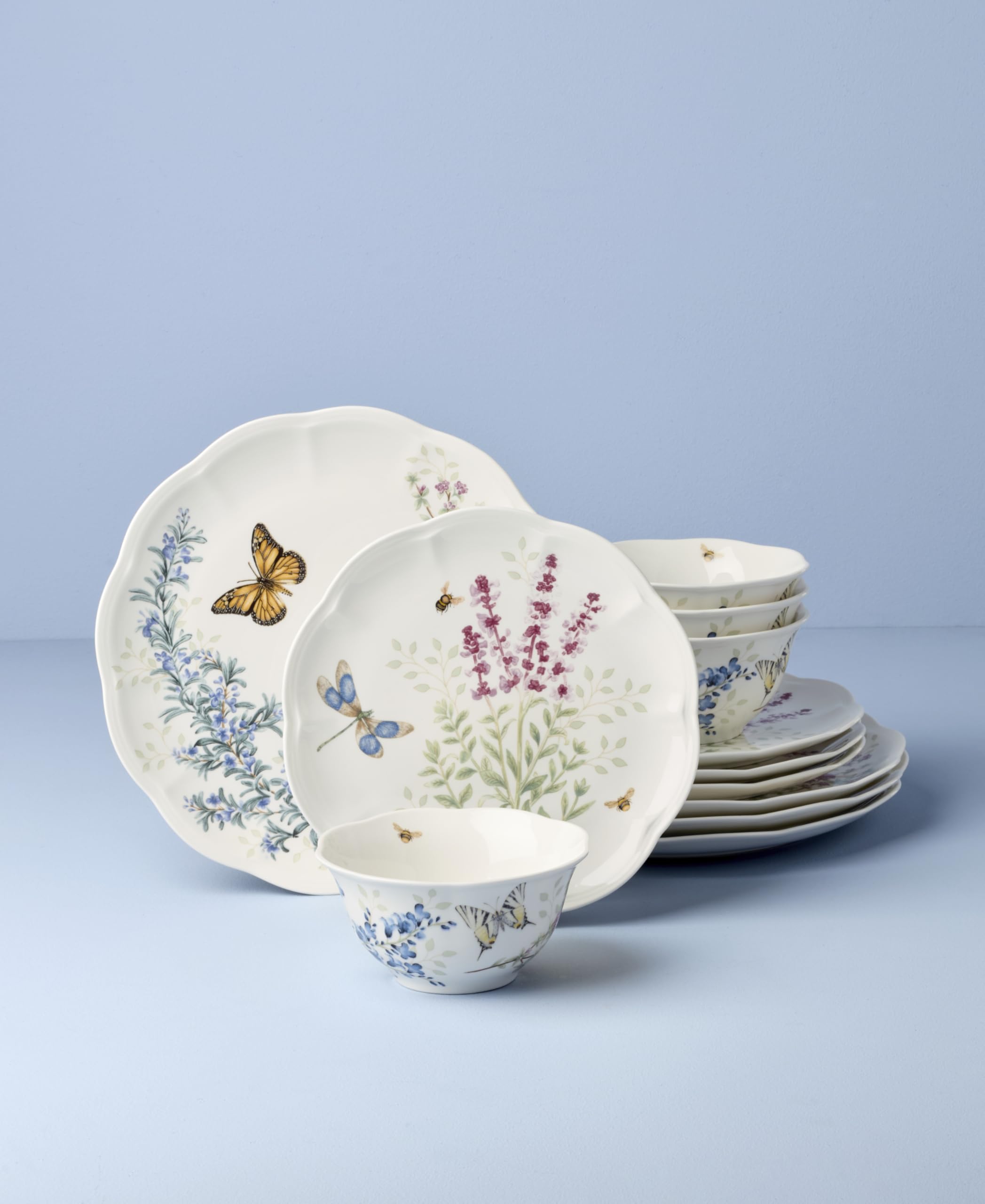 Lenox 897792 Tafelservice Butterfly Meadow Herbs 12-teilig | Keramik, spülmaschinenfest, mikrowellengeeignet | Teller und Schüssel-Sets für Küche und Esszimmer, Geschirrset, Geschirr
