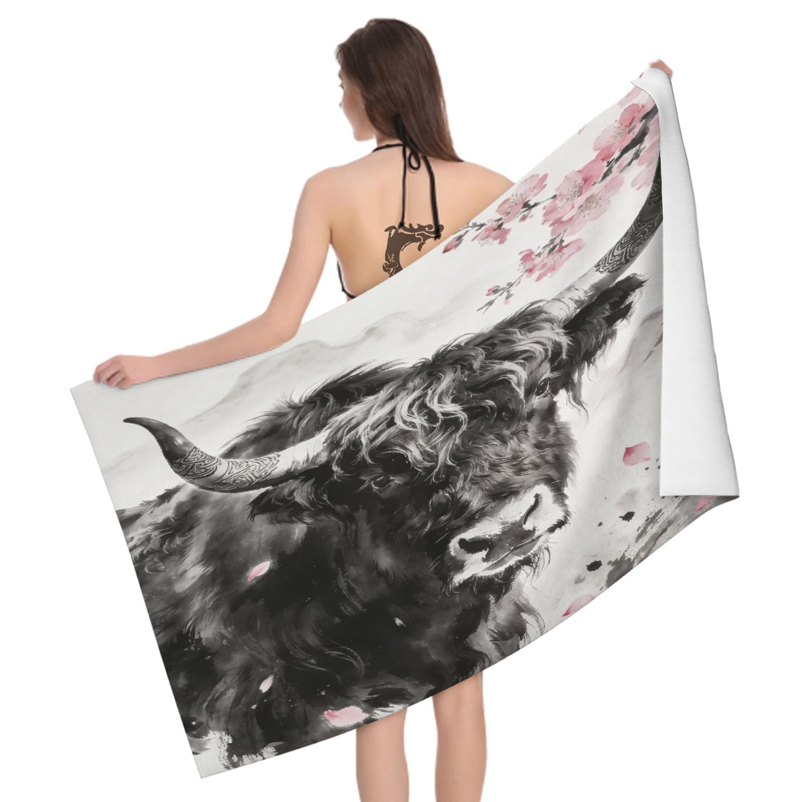 Leichong 3D Chinese Ink Painting Beach Towel Large Microfiber Soft Quick Dry for Adults, Exotic Print Bath Towel Lightweight Soft Absorbent for Travel Swimming Pool Sports, 80 x 160 cm