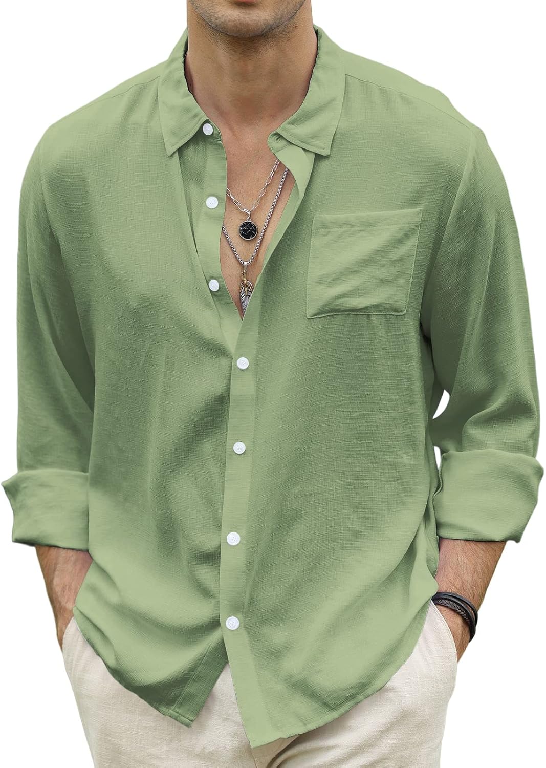CTU Men’s Fashion Summer Casual Button Down Shirt Long Sleeve Solid Color Holiday Beach Shirts