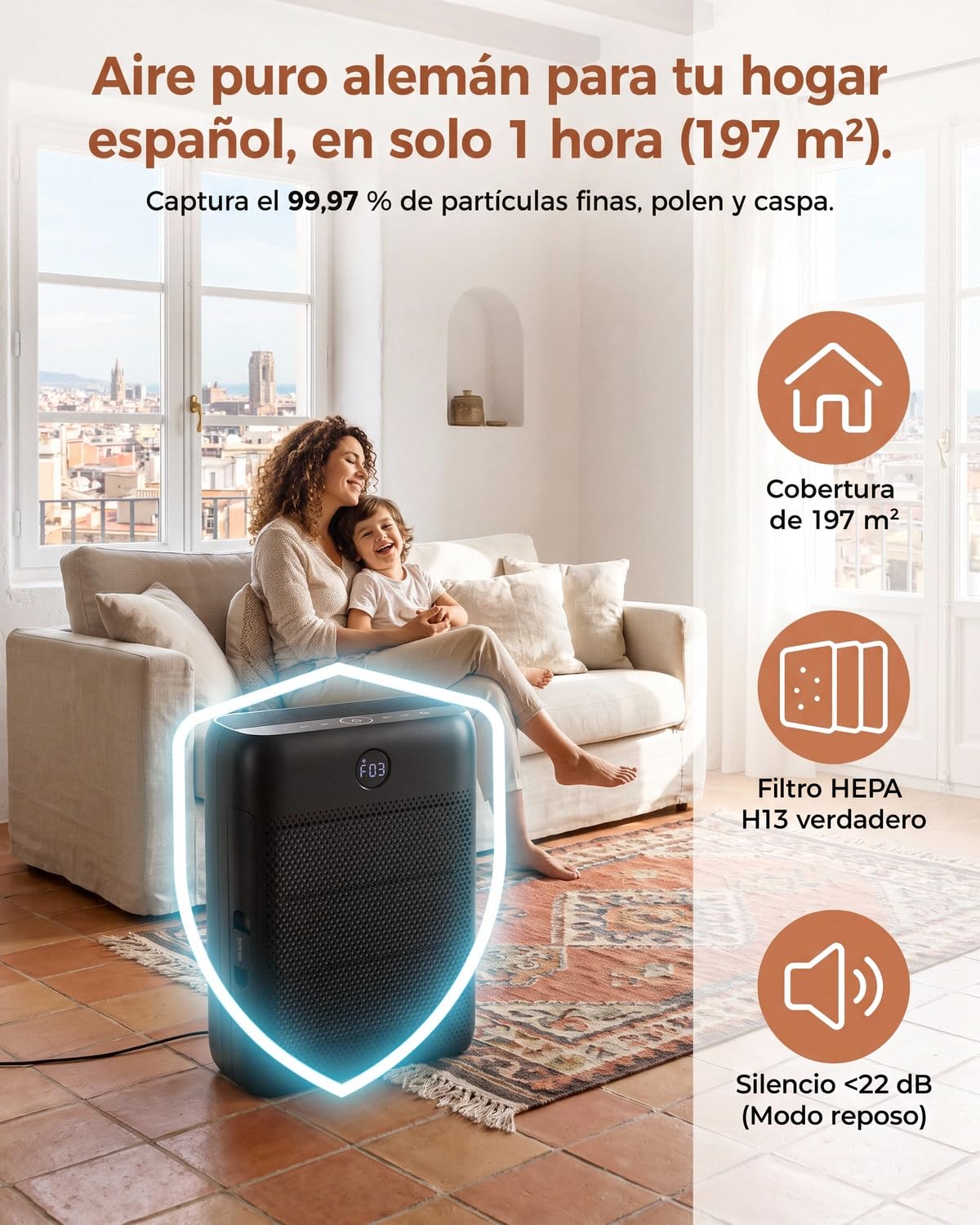 Slevoo Purificatore d'aria H13 True HEPA per stanze grandi, 297,6 m²