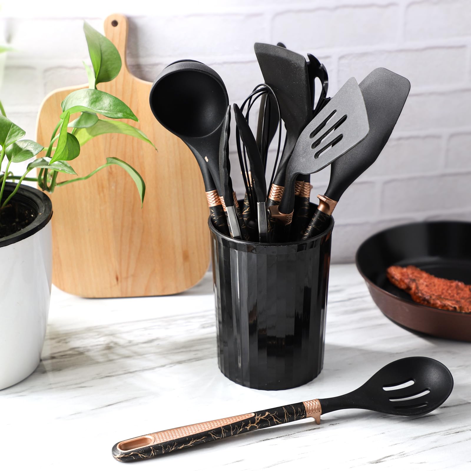 12-teiliges Silikon-Küchenutensilien-Set mit langlebigen Küchenutensilien, hitzebeständiges, antihaftbeschichtetes Kochgeschirr, Essentials mit Griffen und Halter, Küchenhelfer für Kochgeschirr,