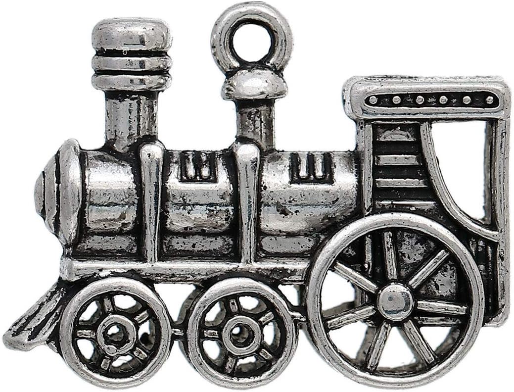 PEPPERLONELY 10pc Antiqued Silver Alloy 3D Train Charms Pendants 28x21mm (1-1/8" x 7/8")